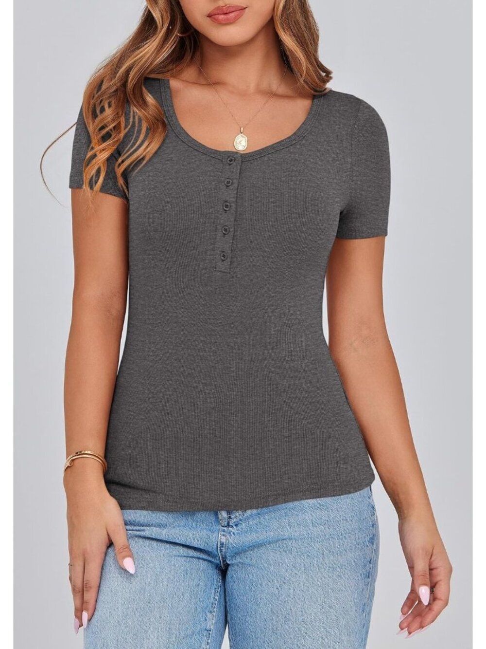 Women's Charcoal Short Sleeve Ribbed Henley Button Slim Fit Casual T Shirts - Picture 4 of 6